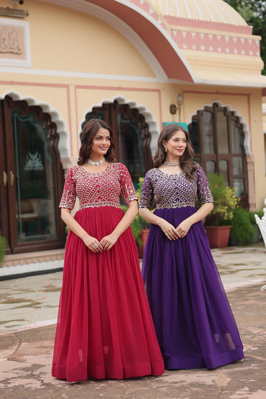 Lovely Fancy Round Neck Pink And Purple Color Gown