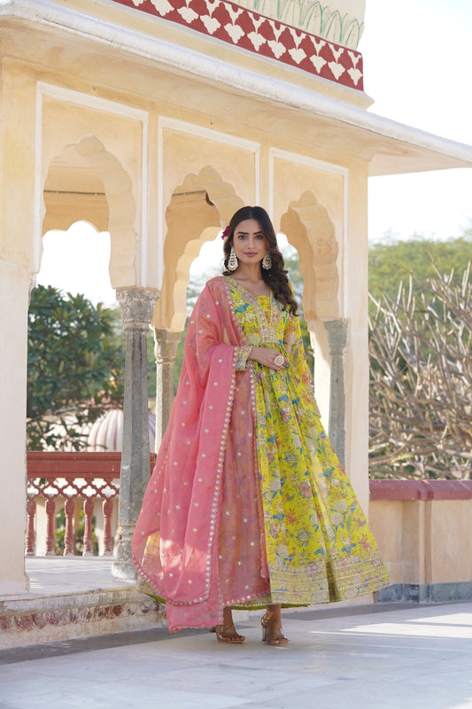 Fashionable Embroidery Work Digital Printed Lemon Color Gown