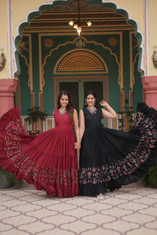 Festive Wear Reyon Printed Maroon & Black Color Gown