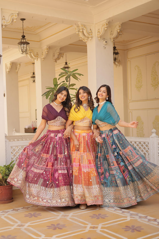 Trendy Digital Printed Silk Purple, Orange And Sky Color Lehenga