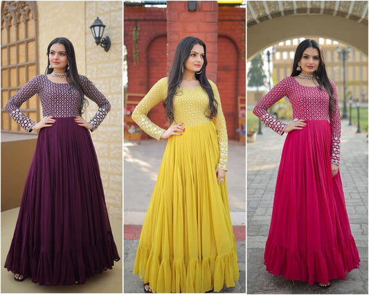 Peaceful Embroidered Work Wine, Yellow & Pink Color Gown