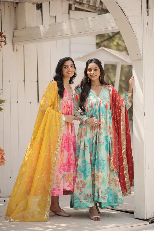 Festive Wear V Neck Pink And Sky Color Gown Contrast Dupatta