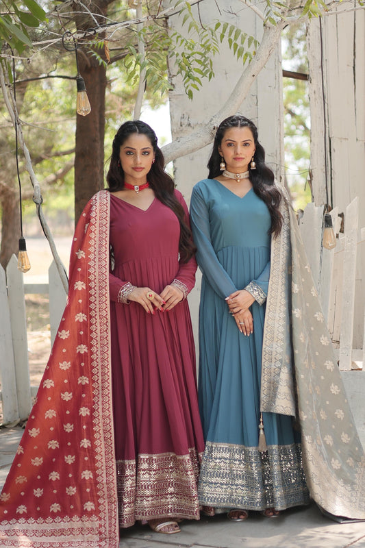 Fashionable Georgette Pink & Sky Blue Color Gown