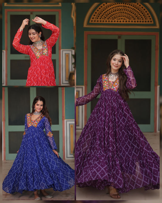 Festive Wear Bandhani Print Work Blue, Orange And Purple Color Gown