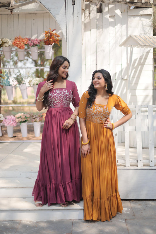 Fancy Square Neck Pink And Orange Color Georgette Gown