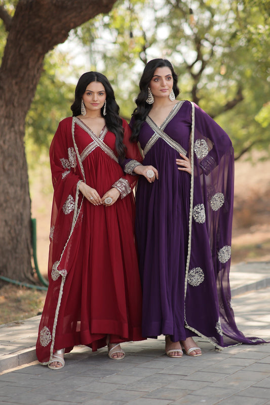 Classic Embroidery Work Maroon And Purple Color Gown