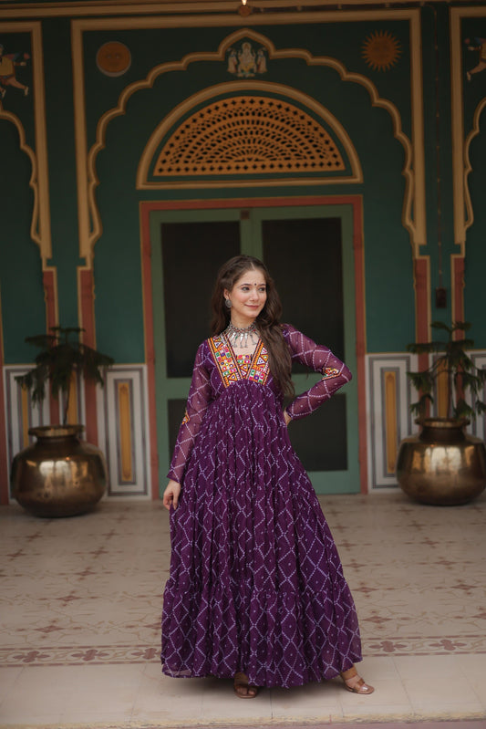 Festive Wear Bandhani Print Work Blue, Orange And Purple Color Gown