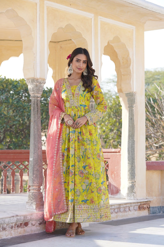 Fashionable Embroidery Work Digital Printed Lemon Color Gown
