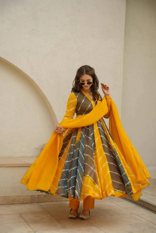 Tranding Yellow And Blue Organza Anarkali Suit Set