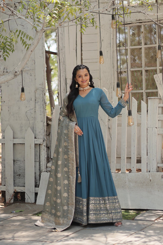 Fashionable Georgette Pink & Sky Blue Color Gown