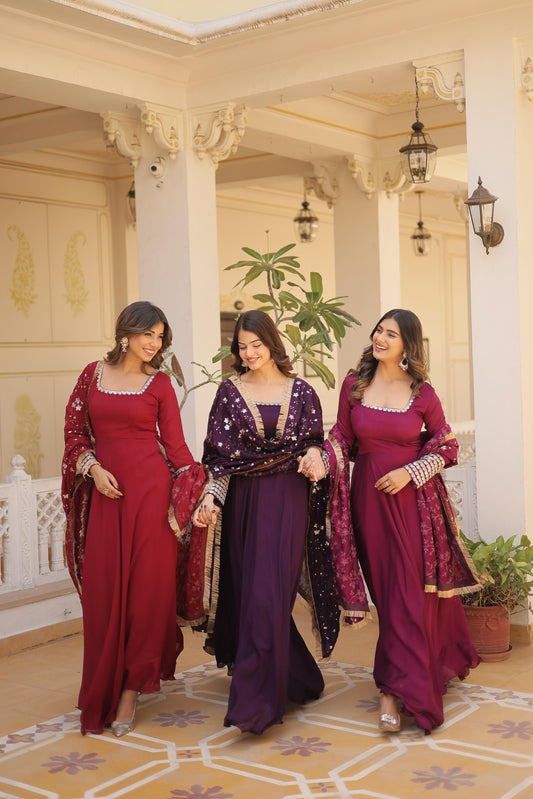 Ravishing Vichitra Silk Wine , Purple And Red Color Full Gown