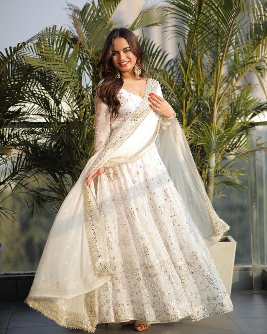 Wonderful White Color Georgette Anarkali Suit Set