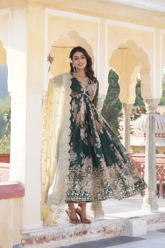Delightful Digital Printed Green Color Anarkali Gown