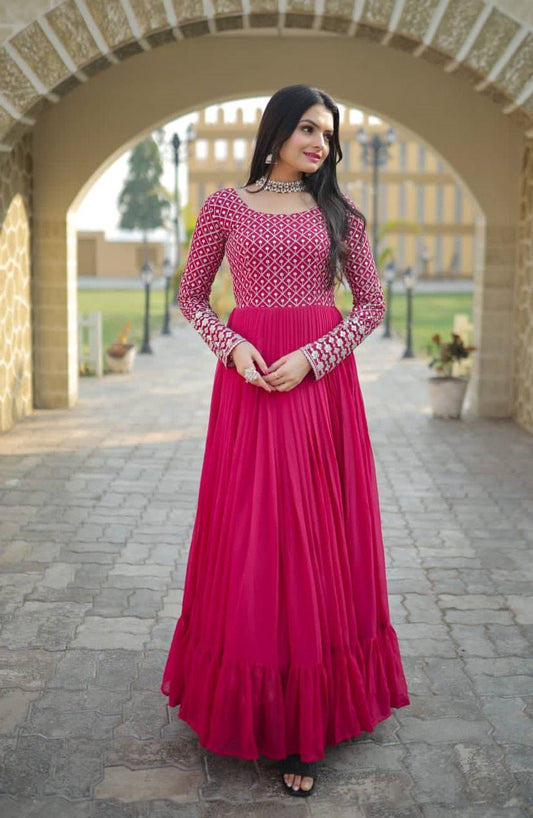 Peaceful Embroidered Work Wine, Yellow & Pink Color Gown