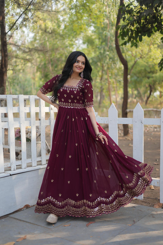 Wedding Wear Embroidery Work Maroon Color Gown