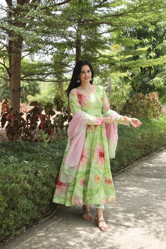 Nidhi's Pista Color Musalin Anarkali Suit Set