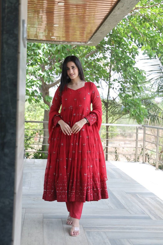 Celebrity Style Maroon Color Georgette Anarkali Suit Set