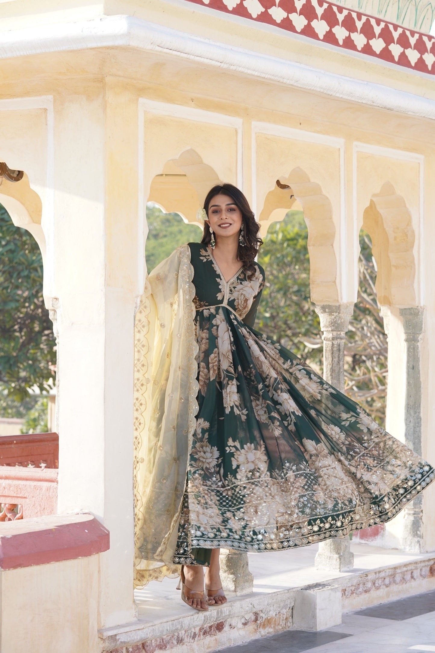 Delightful Digital Printed Green Color Anarkali Gown