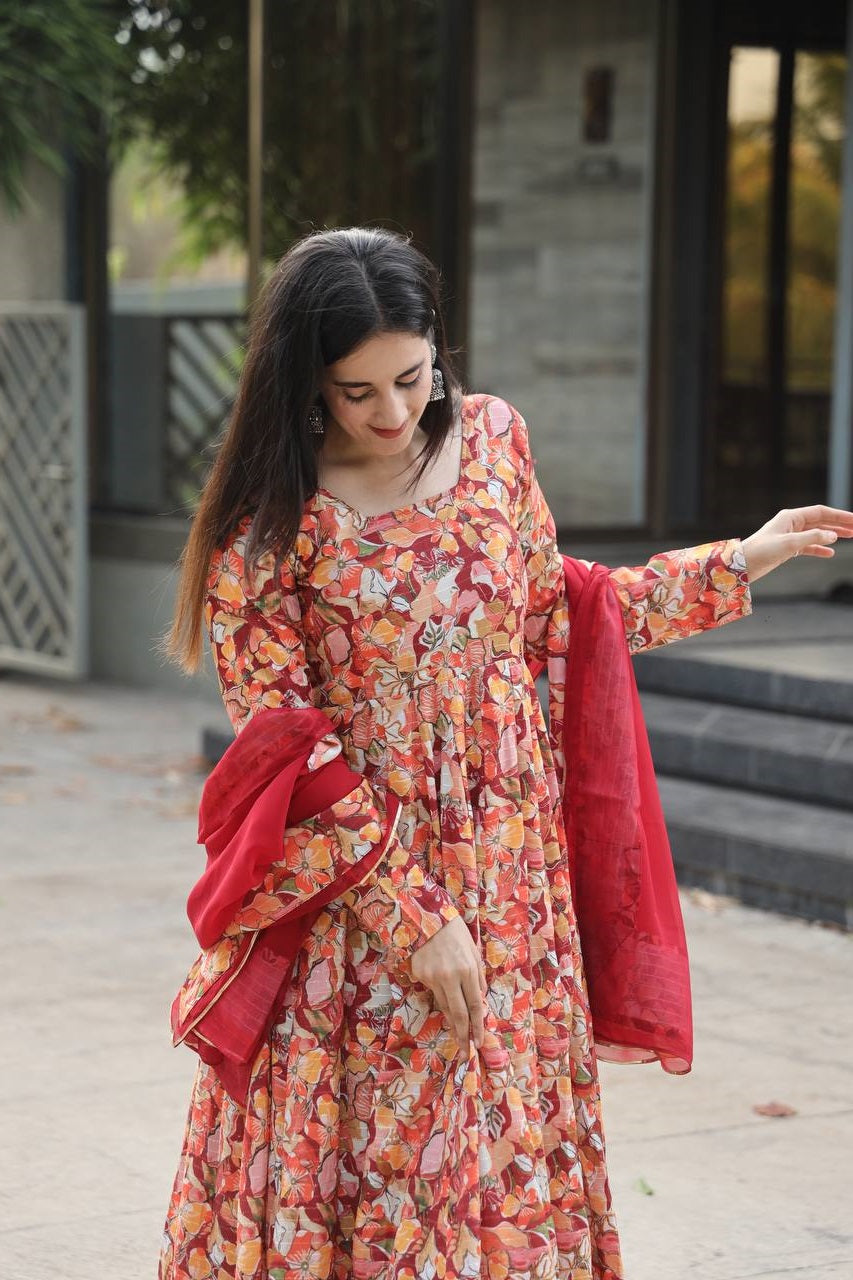 Delightful Muslin Digital Print Orange Multi Anarkali Suit Set TD-6029