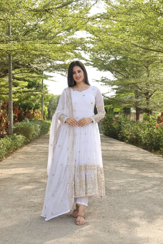 Classic White Color Georgette Sequins Embroidery Anarkali Suit Set