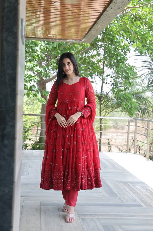 Adorable Maroon Color Embroidery Work Anarkali Suit Set TD-6031