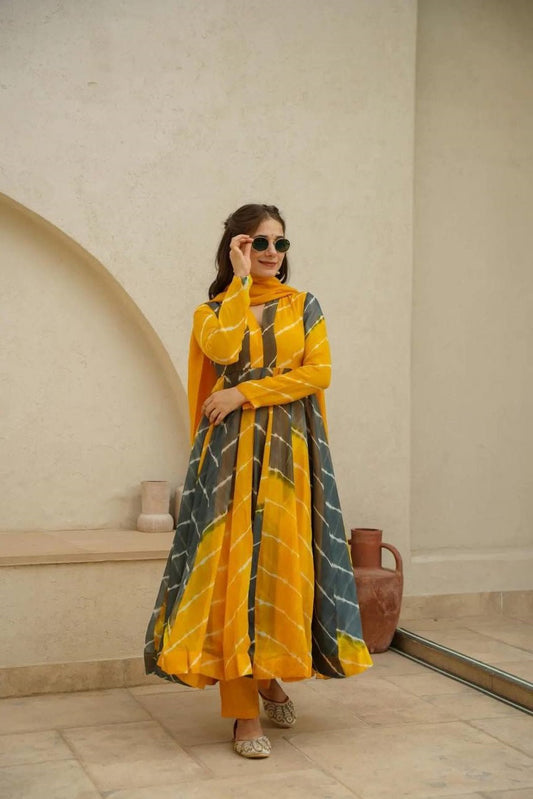 Tranding Yellow And Blue Organza Anarkali Suit Set