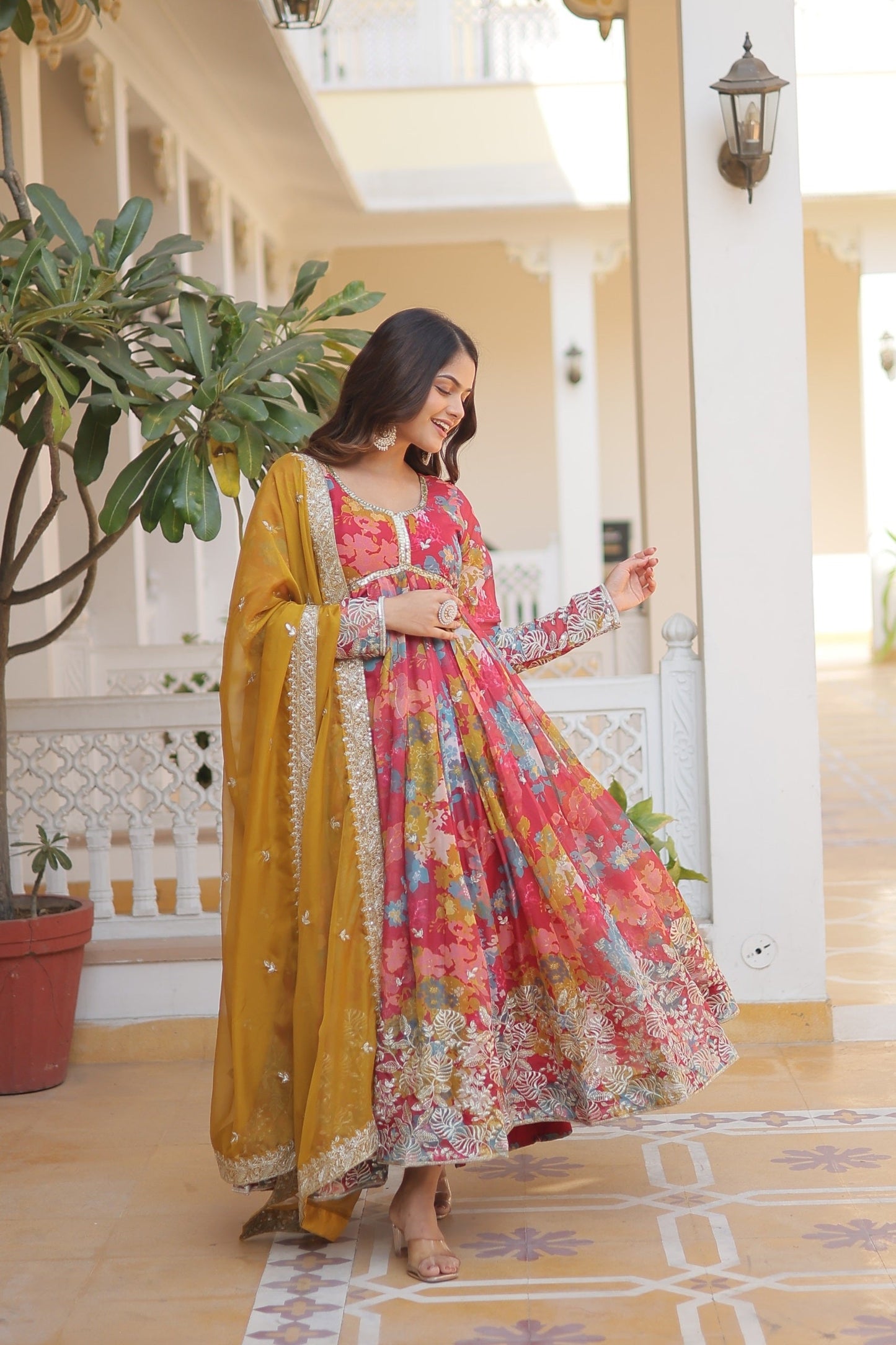 Admiring Digital printed Russian Pink And Purple Multi Color Gown