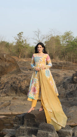 Awesome Multi Color Hand Print Embroidery Anarkali Suit Set