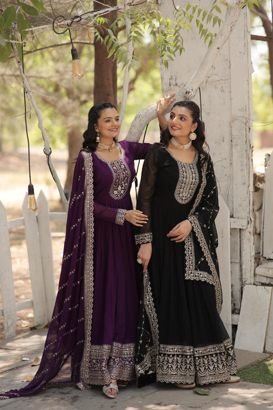 Ravishing Embroidered Work Black & Purple Color Gown