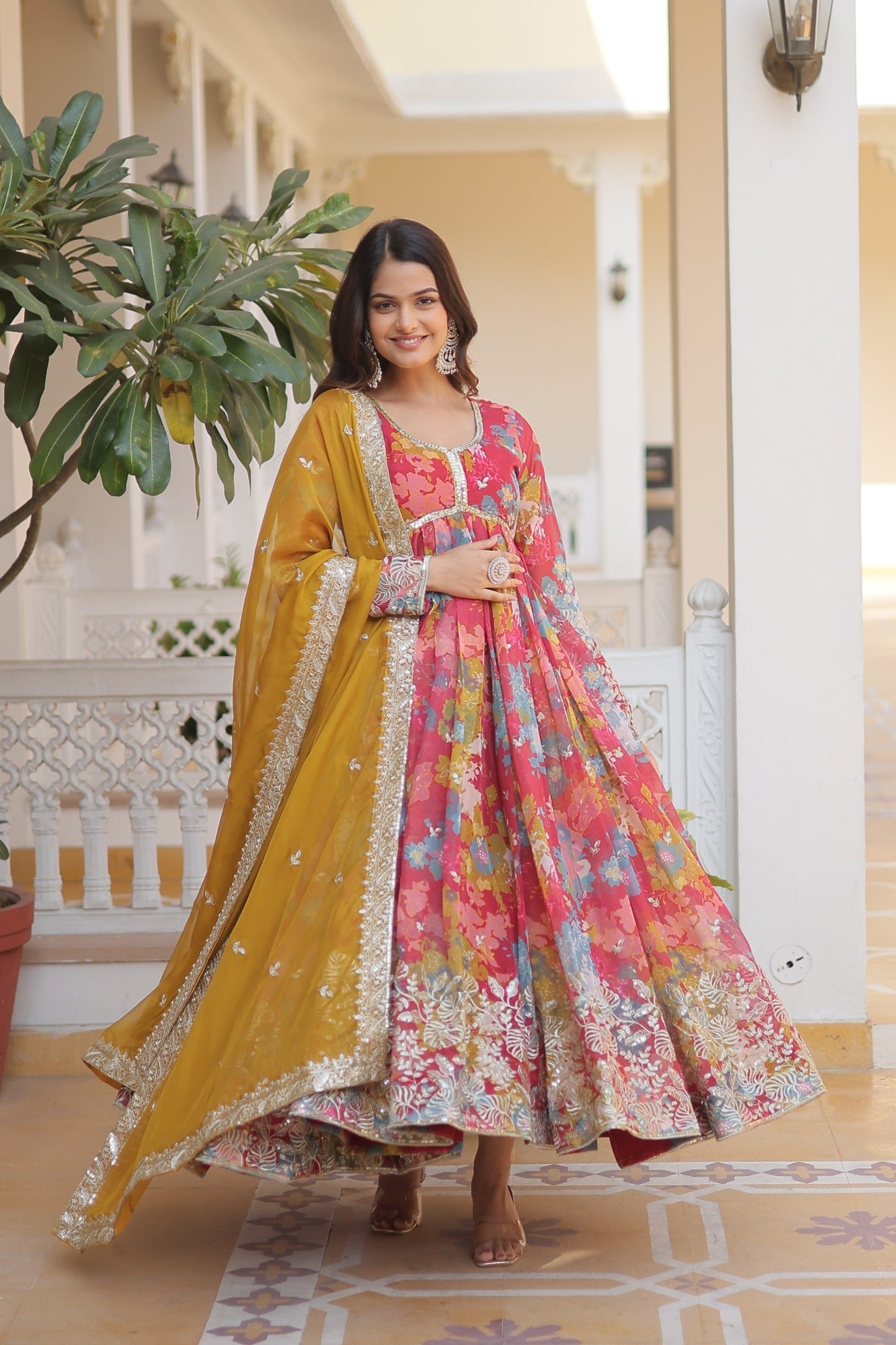Admiring Digital printed Russian Pink And Purple Multi Color Gown