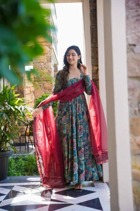 Fantastic Digital Print Teal Blue Multi Color Anarkali Suit TD-6030