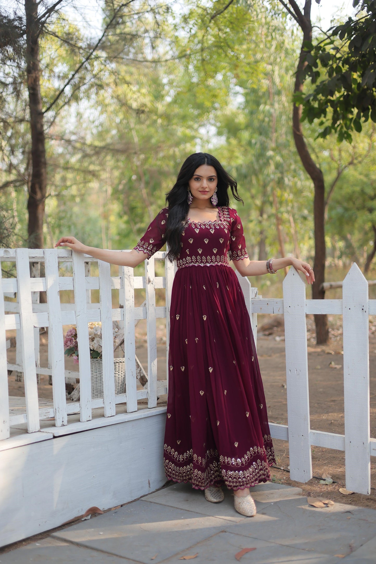 Wedding Wear Embroidery Work Maroon Color Gown
