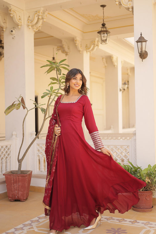 Ravishing Vichitra Silk Wine , Purple And Red Color Full Gown