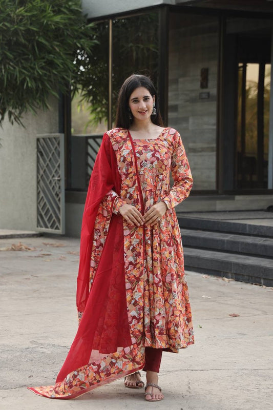 Delightful Muslin Digital Print Orange Multi Anarkali Suit Set TD-6029