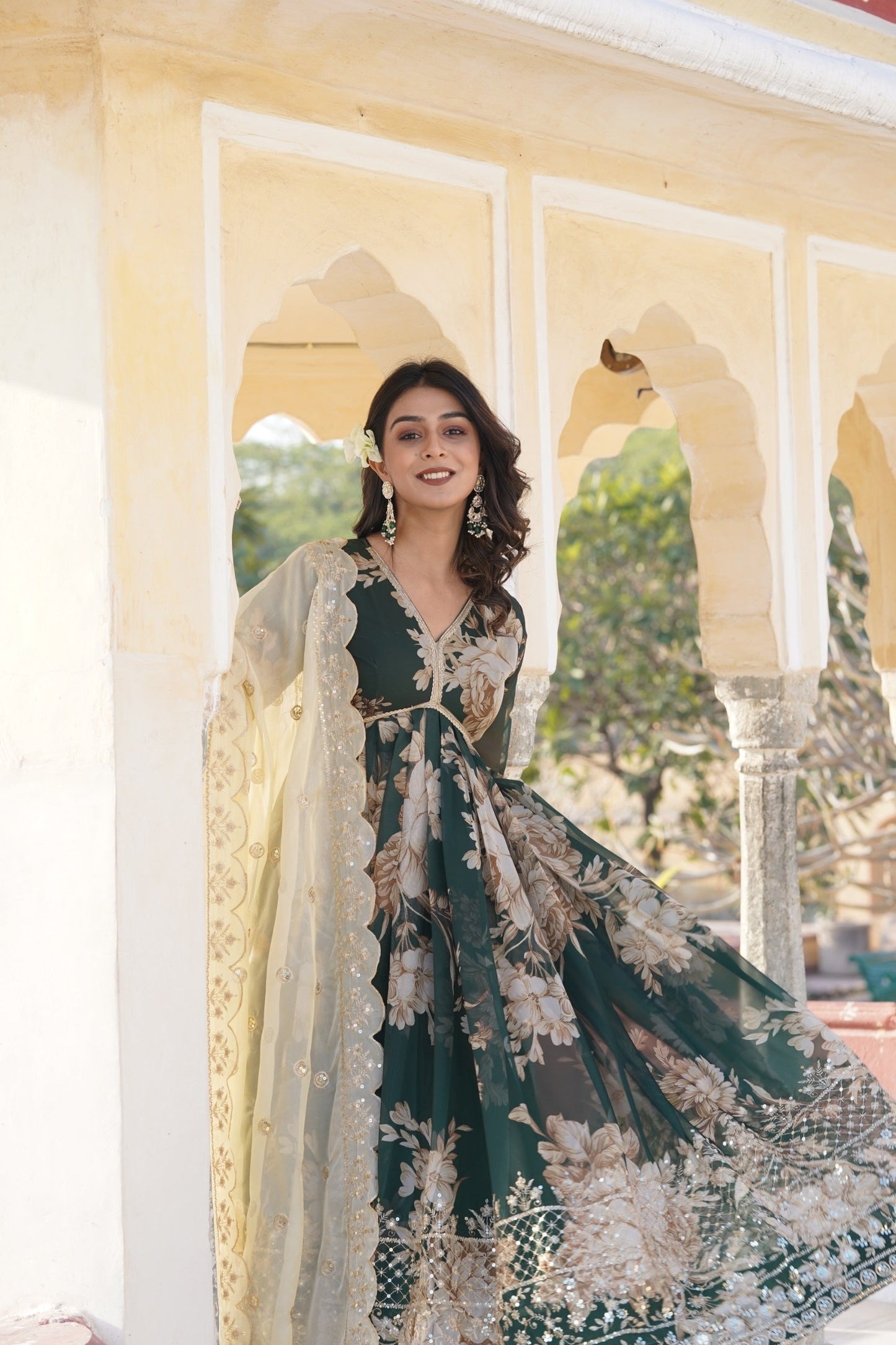 Delightful Digital Printed Green Color Anarkali Gown