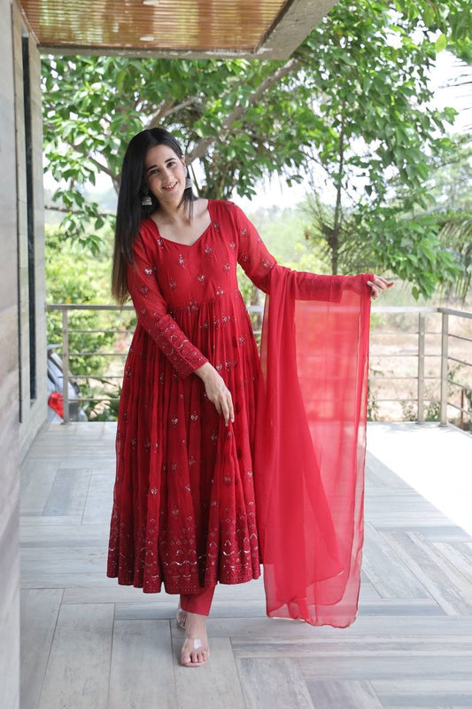 Celebrity Style Maroon Color Georgette Anarkali Suit Set