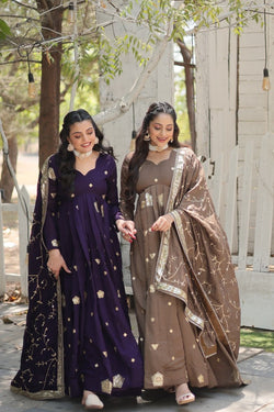 Admiring Vichitra Embroidered Work Purple & Beige Color Gown