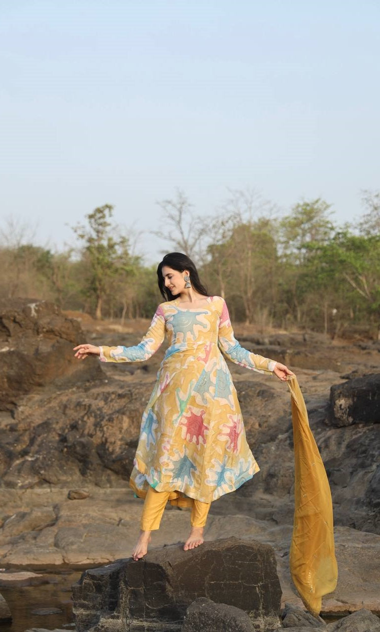 Awesome Multi Color Hand Print Embroidery Anarkali Suit Set