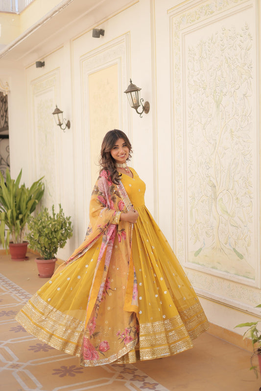 Function Wear Purple, Yellow And Pink Color Faux Georgette Gown