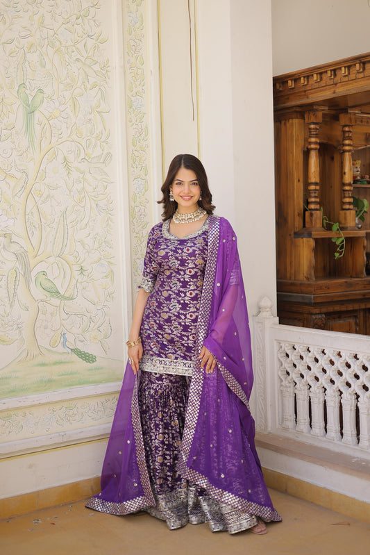 Function Wear Jacquerd Pink, Cream & Purple Color Sharara Suit