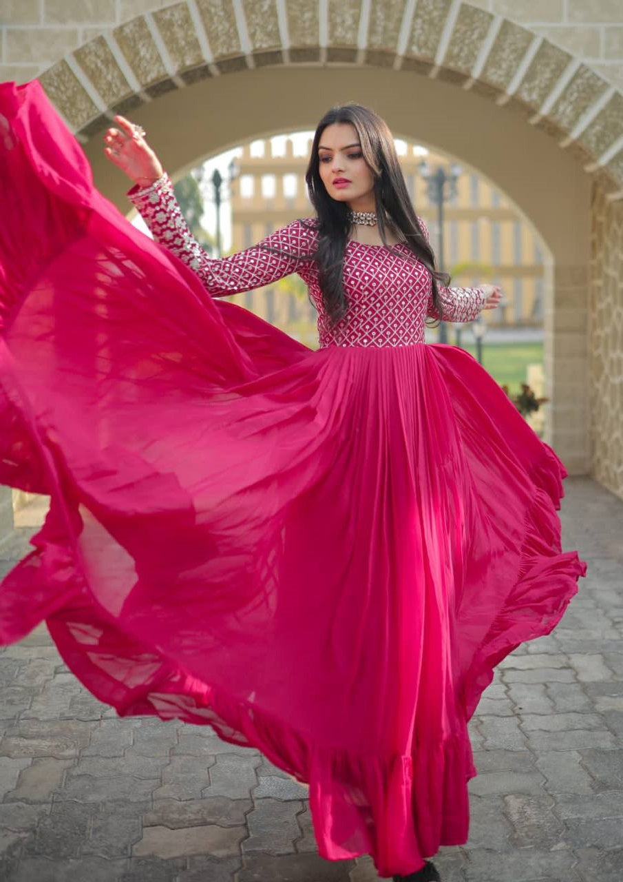 Peaceful Embroidered Work Wine, Yellow & Pink Color Gown