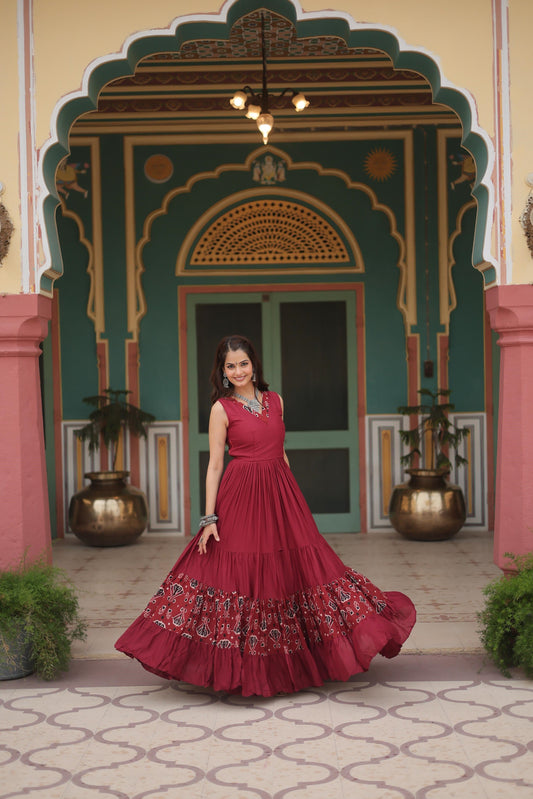 Festive Wear Reyon Printed Maroon & Black Color Gown