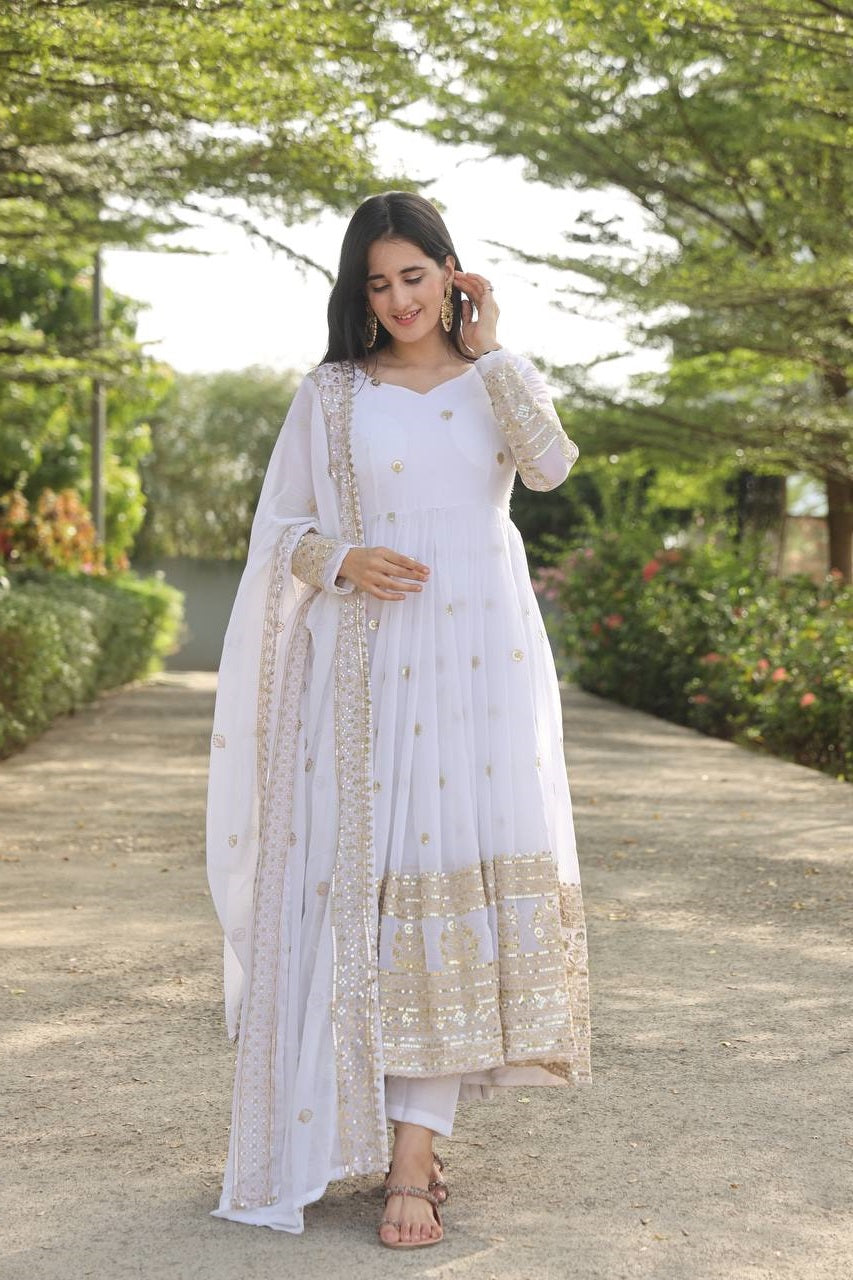 Classic White Color Georgette Sequins Embroidery Anarkali Suit Set