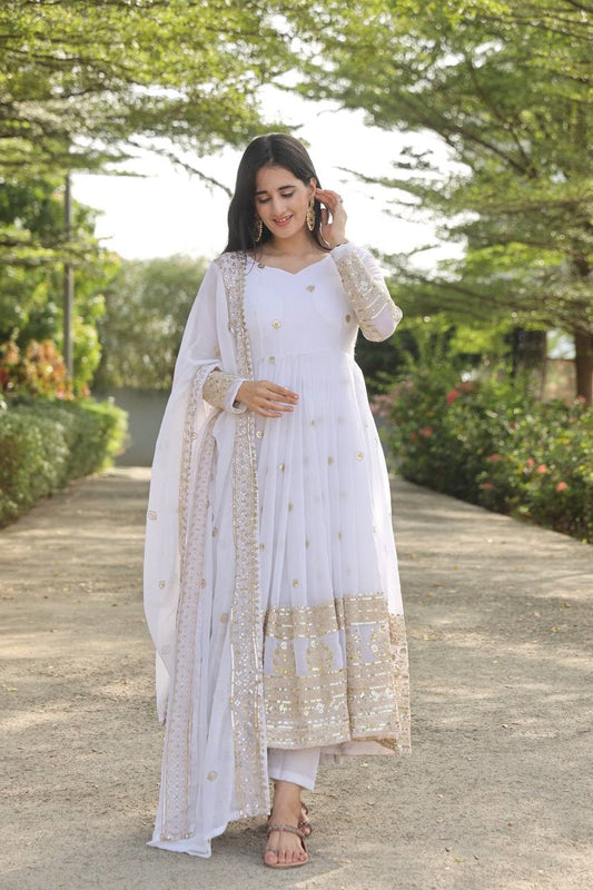 Classic White Color Georgette Sequins Embroidery Anarkali Suit Set