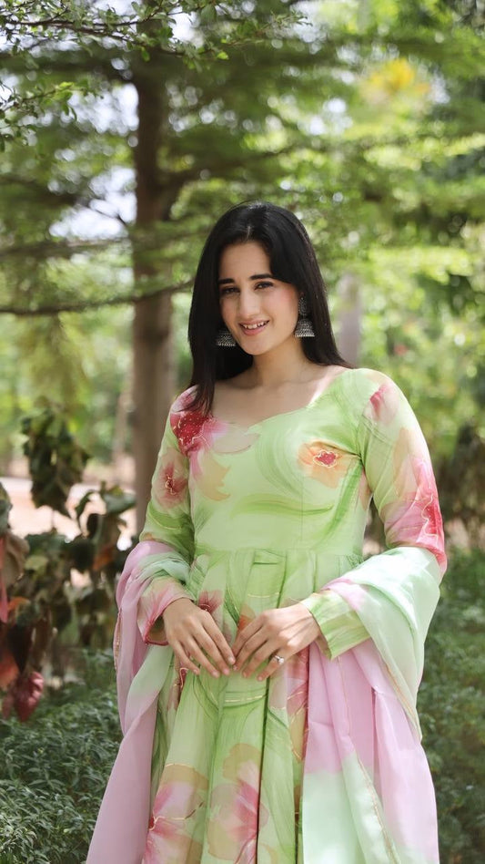 Nidhi's Pista Color Musalin Anarkali Suit Set