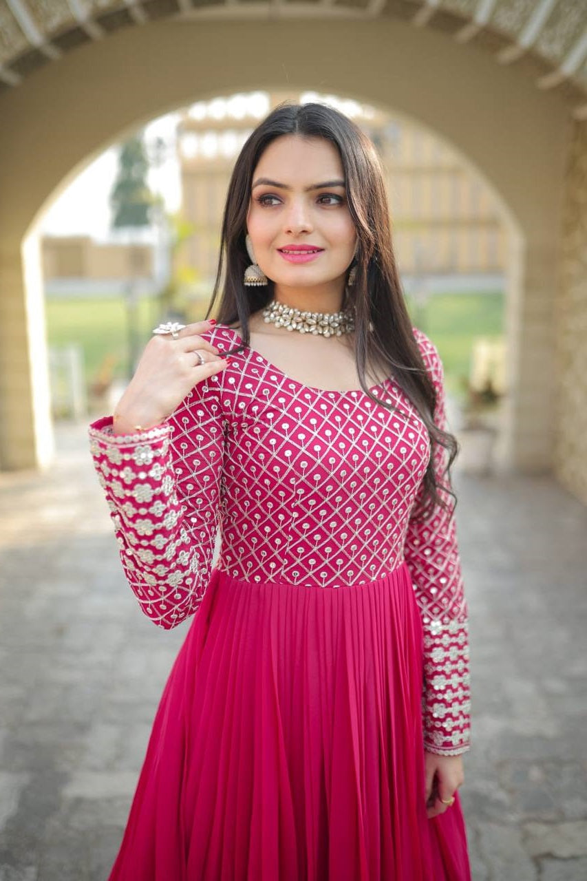 Peaceful Embroidered Work Wine, Yellow & Pink Color Gown