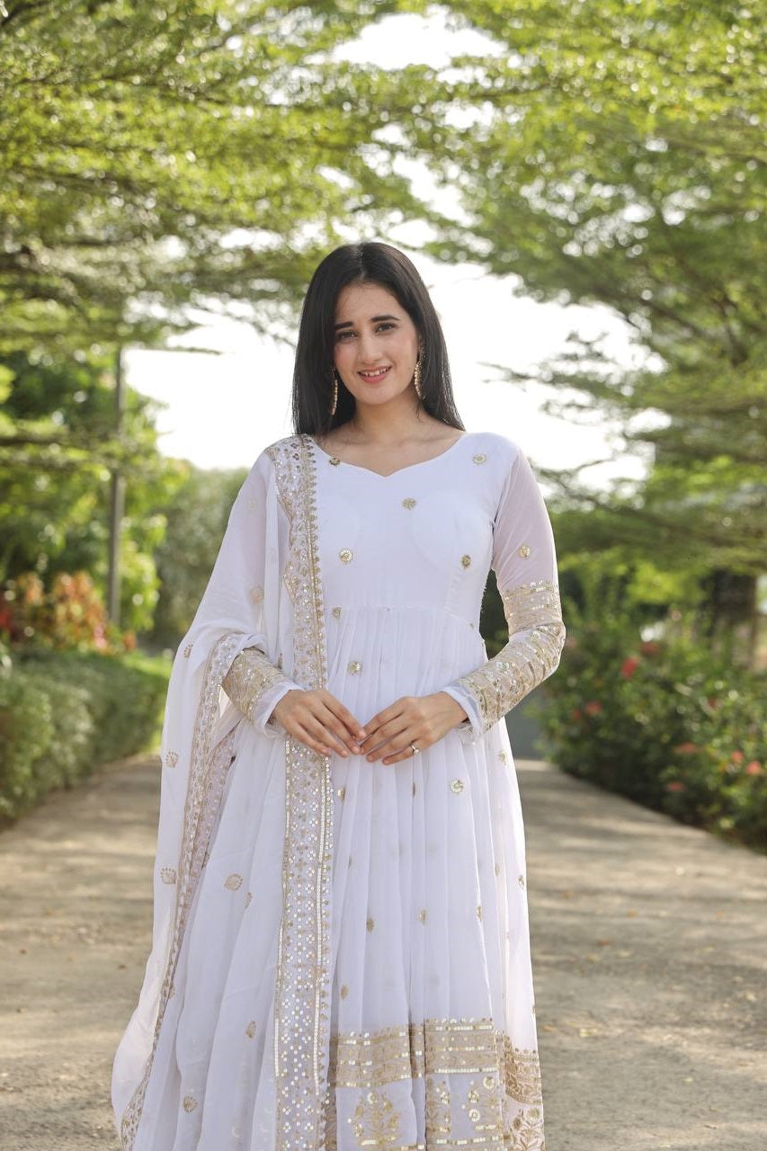 Classic White Color Georgette Sequins Embroidery Anarkali Suit Set