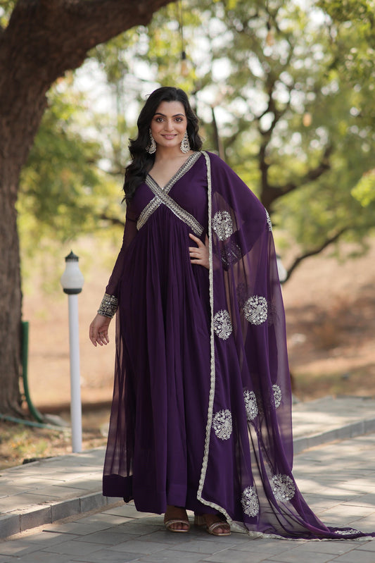 Classic Embroidery Work Maroon And Purple Color Gown