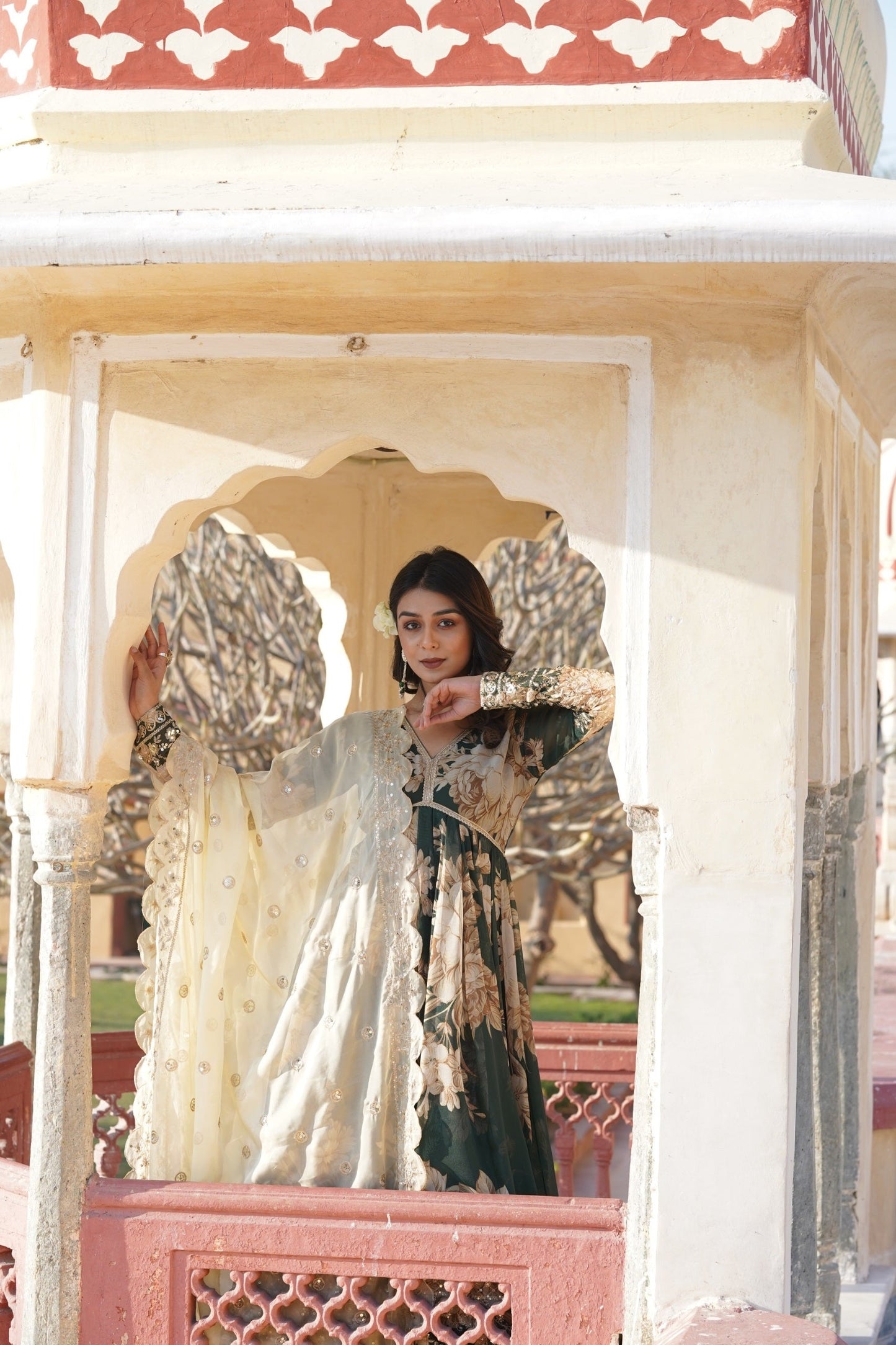 Delightful Digital Printed Green Color Anarkali Gown