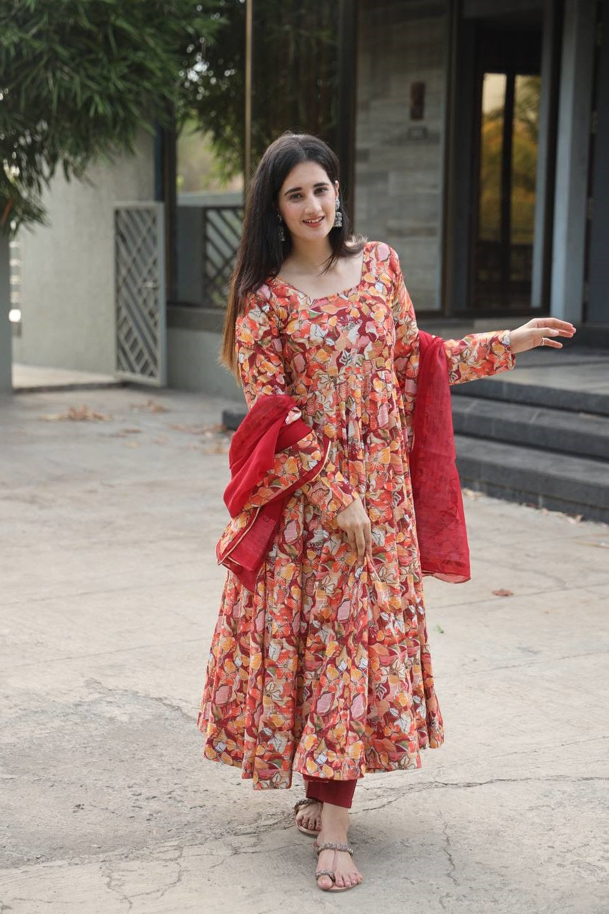 Delightful Muslin Digital Print Orange Multi Anarkali Suit Set TD-6029